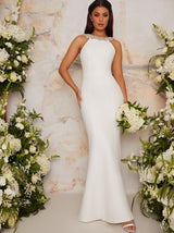 Embellished Ruffle Bow Maxi Wedding Dress in White