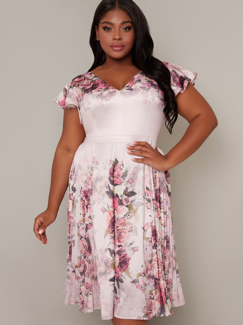 Plus Size Floral Printed Pleat Midi Dress in Pink