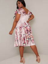 Plus Size Floral Printed Pleat Midi Dress in Pink