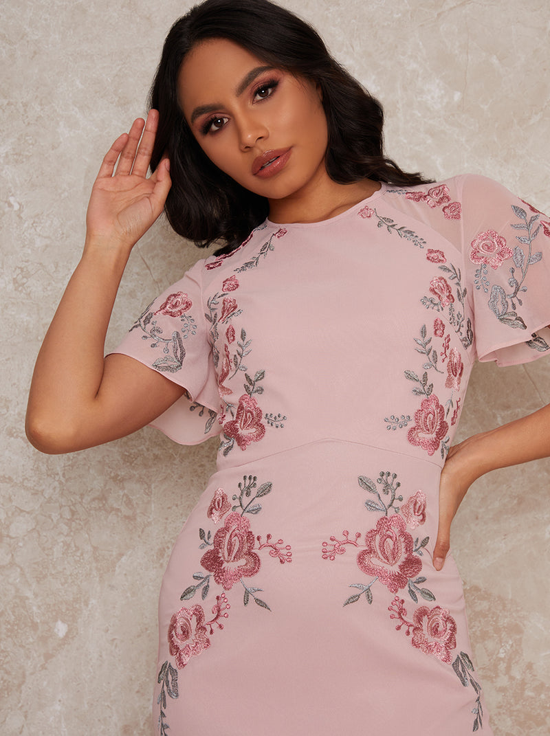 Embroidered Angel Sleeve Mini Dress in Pink