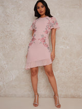 Embroidered Angel Sleeve Mini Dress in Pink