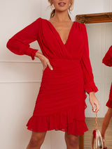 Long Sleeve Ruffle Mini Dress in Red