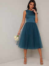High Neck Tulle Midi Bridesmaid Dress in Green