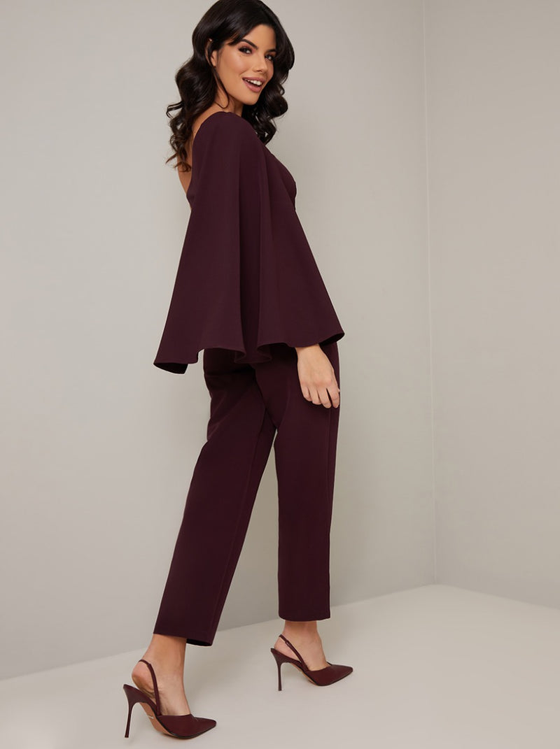 Cape Detail Straight Leg Jumpsuit in Red
