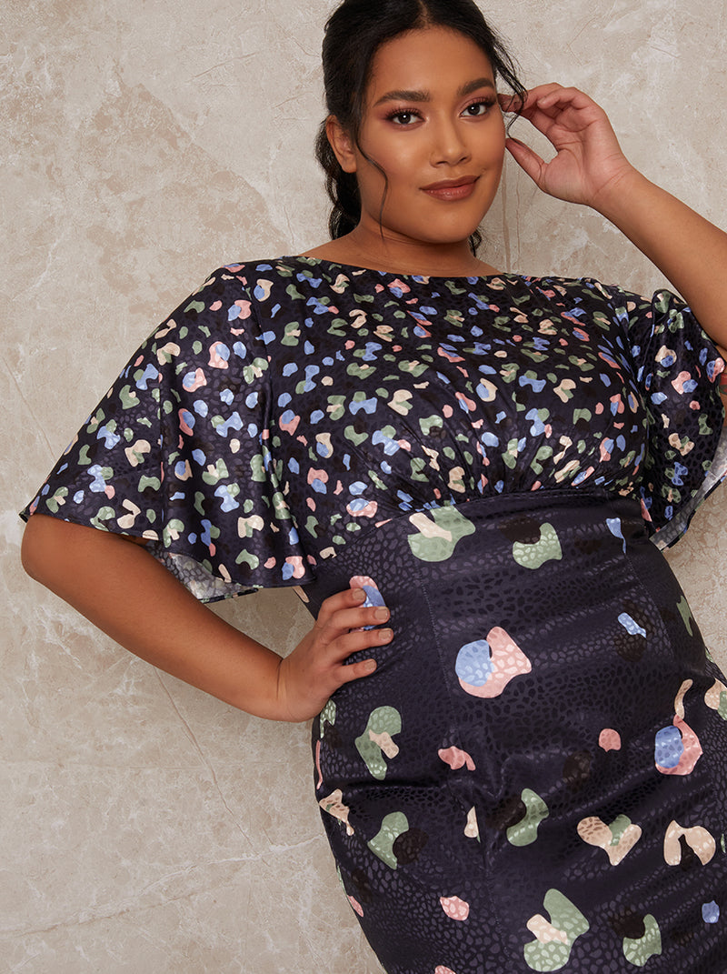 Plus Size Abstract Midi Dress with Angel Sleeves in Navy