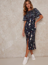 Abstract Midi Dress with Angel Sleeves in Navy