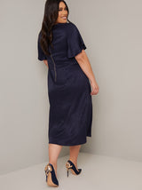 Jacquard Angel Sleeve Curve Midi Day Dress in Blue