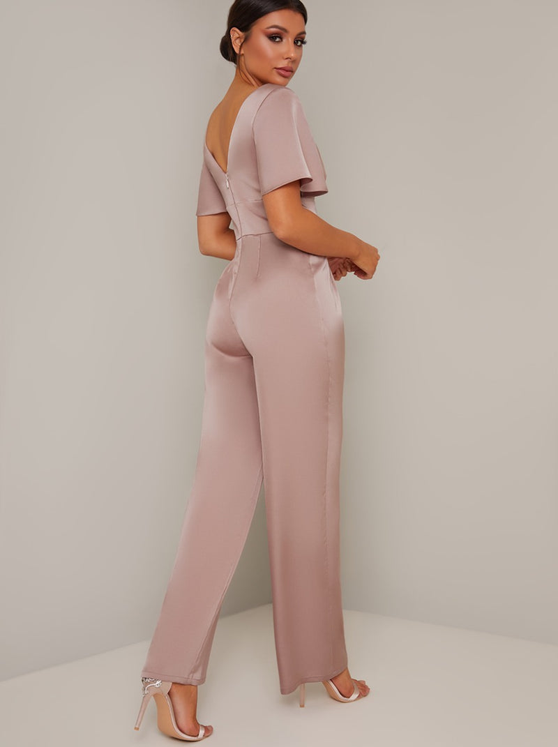 Fluted Sleeve Straight Leg Jumpsuit in Pink