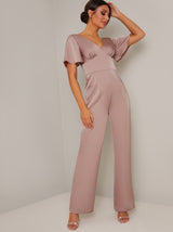 Fluted Sleeve Straight Leg Jumpsuit in Pink