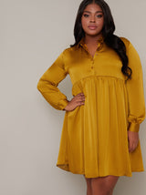 Plus Size Long Sleeved Satin Shirt Dress in Yellow