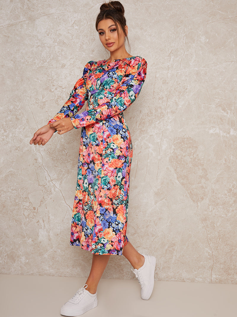 Long Sleeve Floral Print Midi Day Dress in Multi