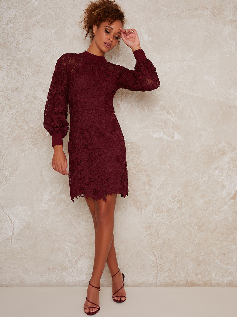 High Neck Long Sleeve Lace Crochet Mini Dress in Red