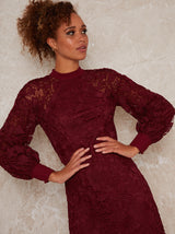 High Neck Long Sleeve Lace Crochet Mini Dress in Red