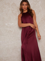 High Neck Satin Pleated Maxi Dress in Berry