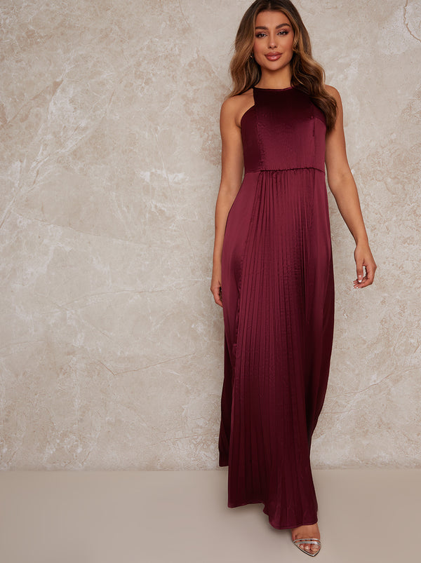 High Neck Satin Pleated Maxi Dress in Berry