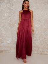 High Neck Satin Pleated Maxi Dress in Red