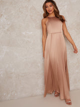 High Neck Satin Pleated Maxi Dress in Champagne