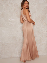 High Neck Satin Pleated Maxi Dress in Champagne