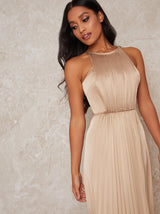 Petite High Neck Satin Pleated Maxi Dress in Champagne