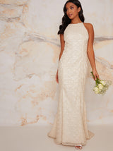 Petite Bridal Halter Embellished Wedding Dress in Ivory