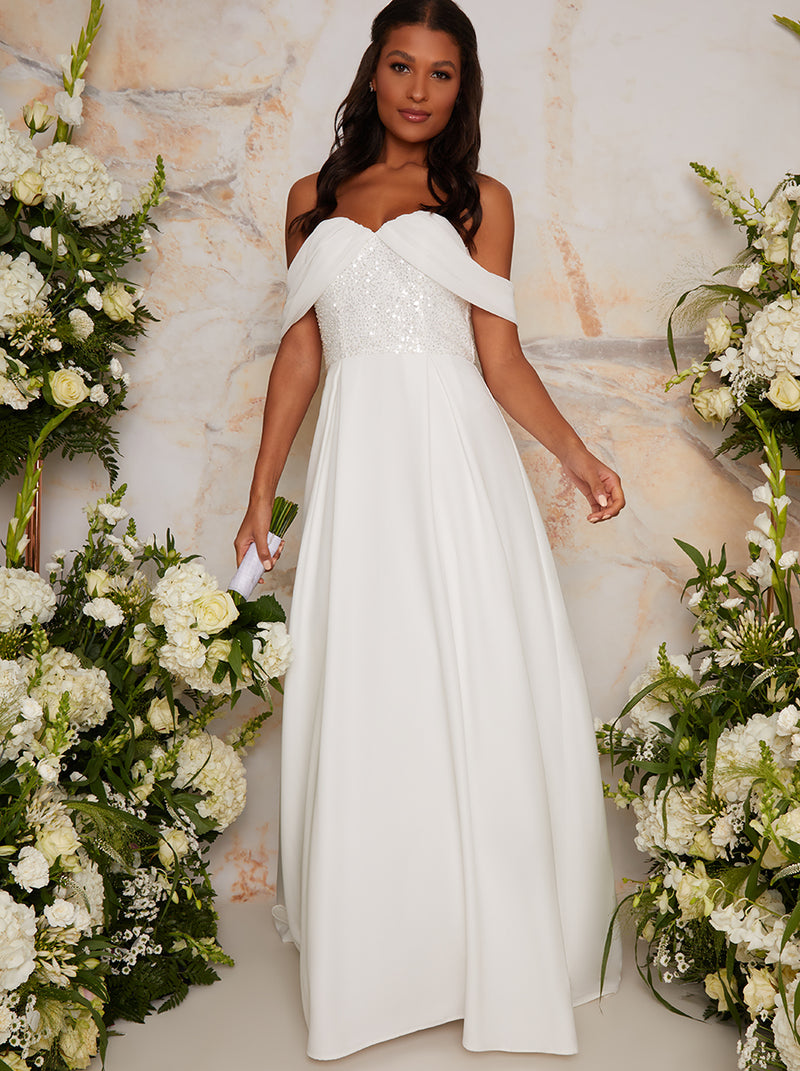Bridal Sequin Bardot Maxi Wedding Dress in White