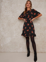 Floral Print Ruffle Hem Mini Dress In Black