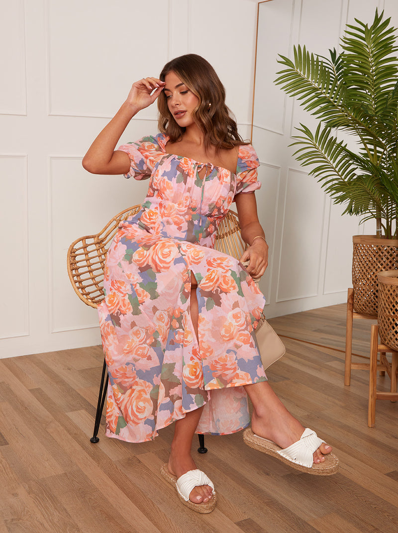 Ruched Bust Floral Midi Dress in Pink