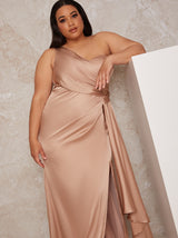 Plus Size One Shoulder Satin Finish Maxi Dress in Champagne
