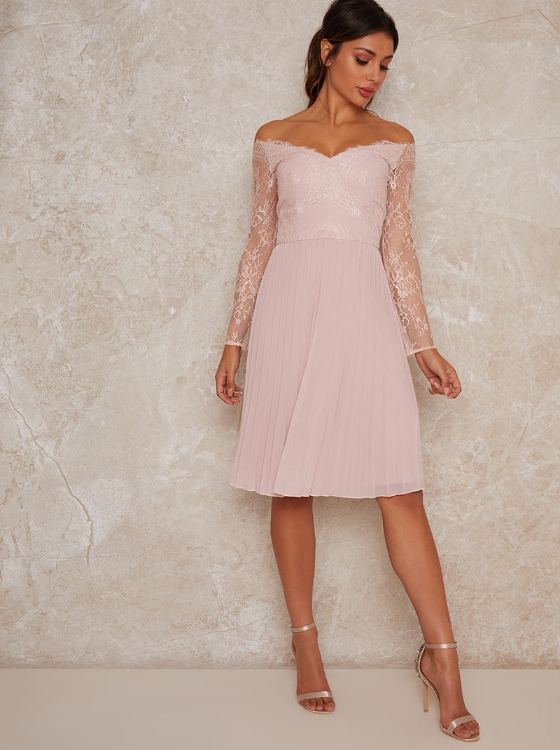 Lace Bardot Midi Dress In Pink