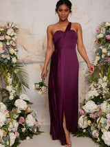Pleated Satin One Shoulder Maxi Dress in Berry