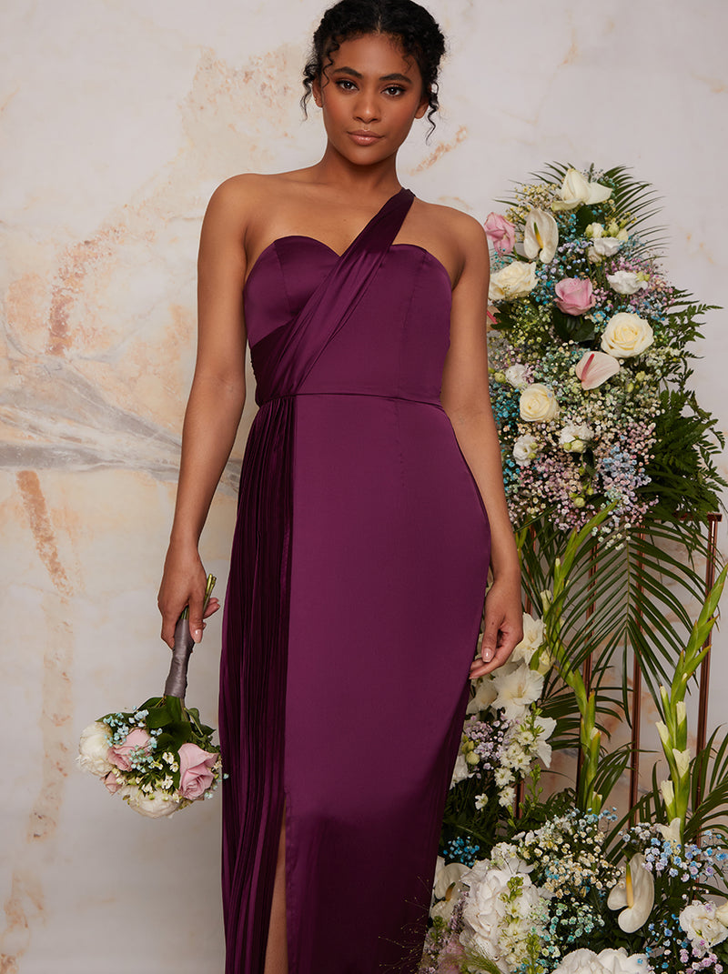 Pleated Satin One Shoulder Maxi Dress in Berry