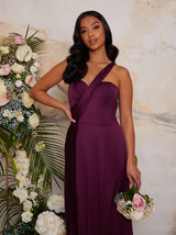Petite Pleated Satin One Shoulder Maxi Dress in Berry