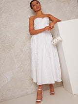 Bridal Strapless Floral Jacquard Midi Dress in White