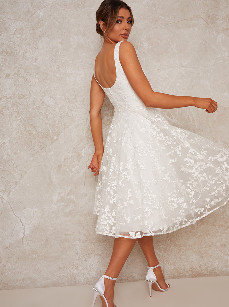 Bridal Sleeveless Square Neck Lace Midi Dress in White
