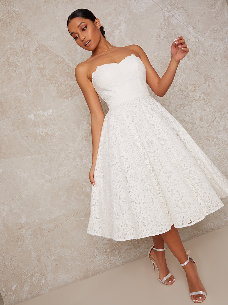 Petite Bridal Strapless Lace Midi Dress in White