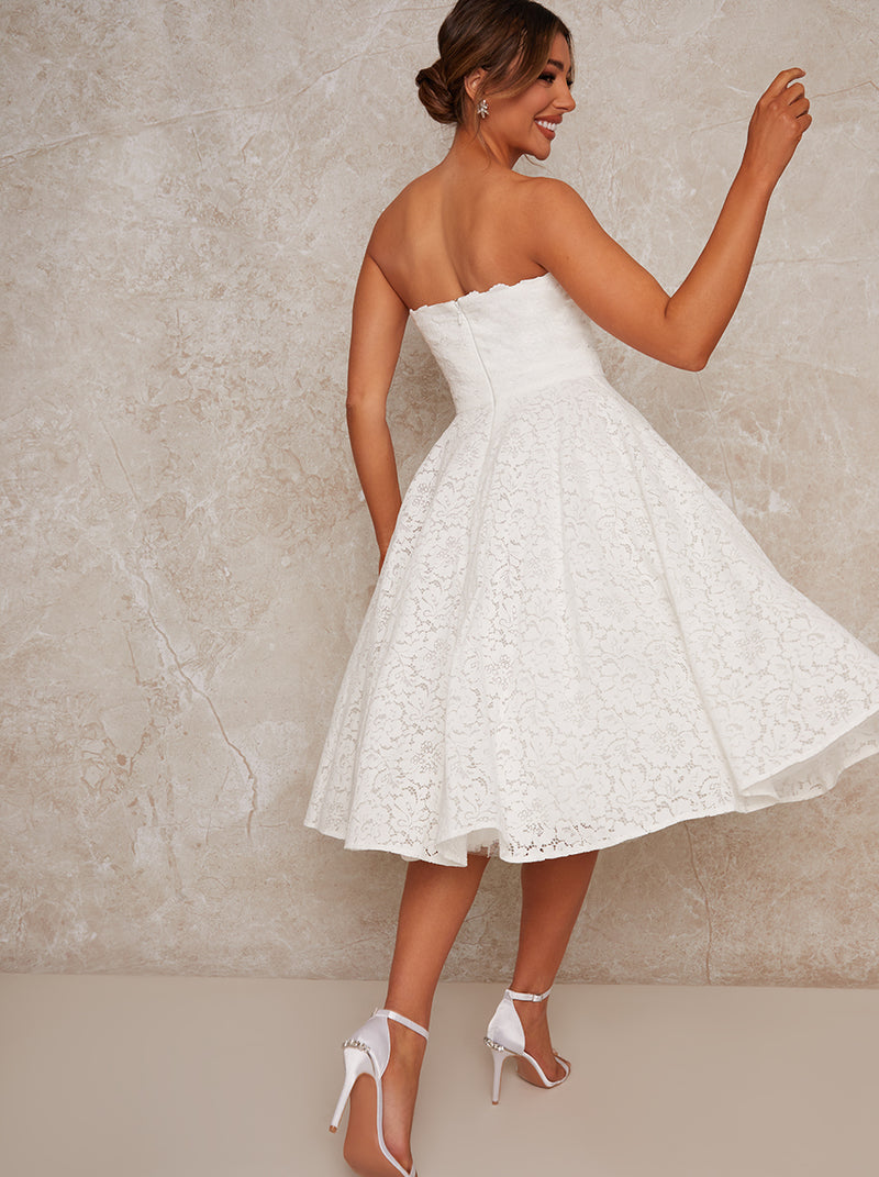 Strapless Lace Midi Wedding Dress in White – Chi Chi London