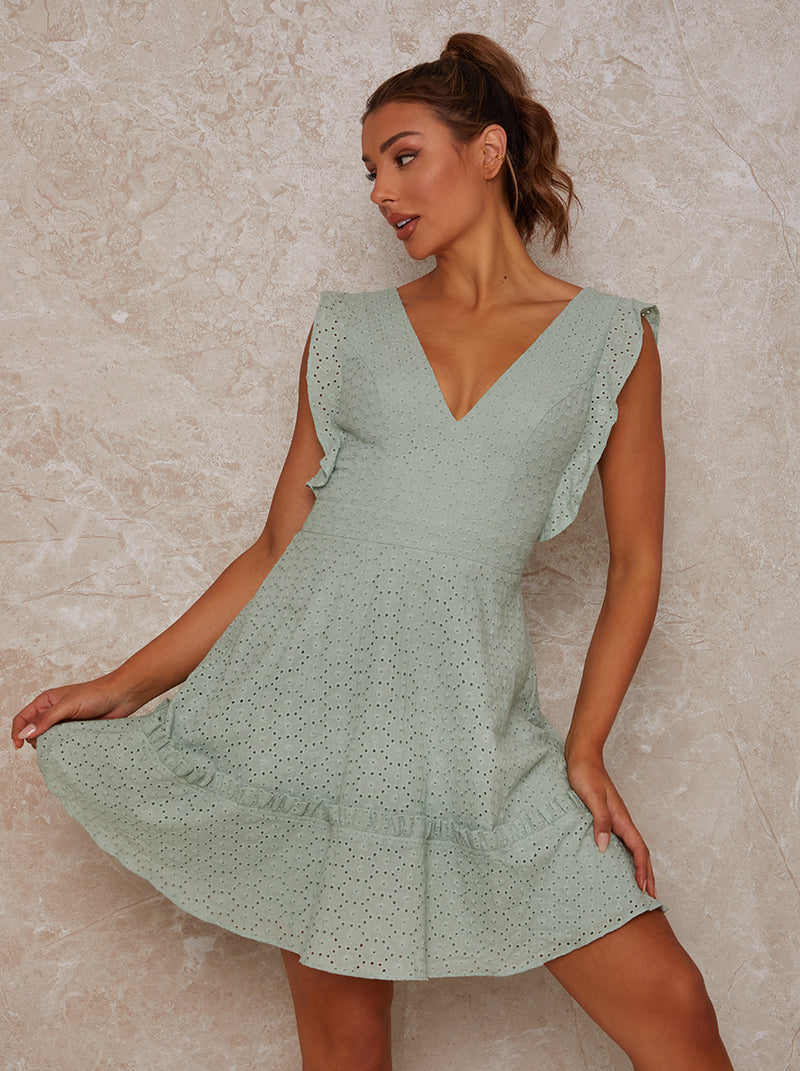 Plunge Broderie Mini Day Dress in Green
