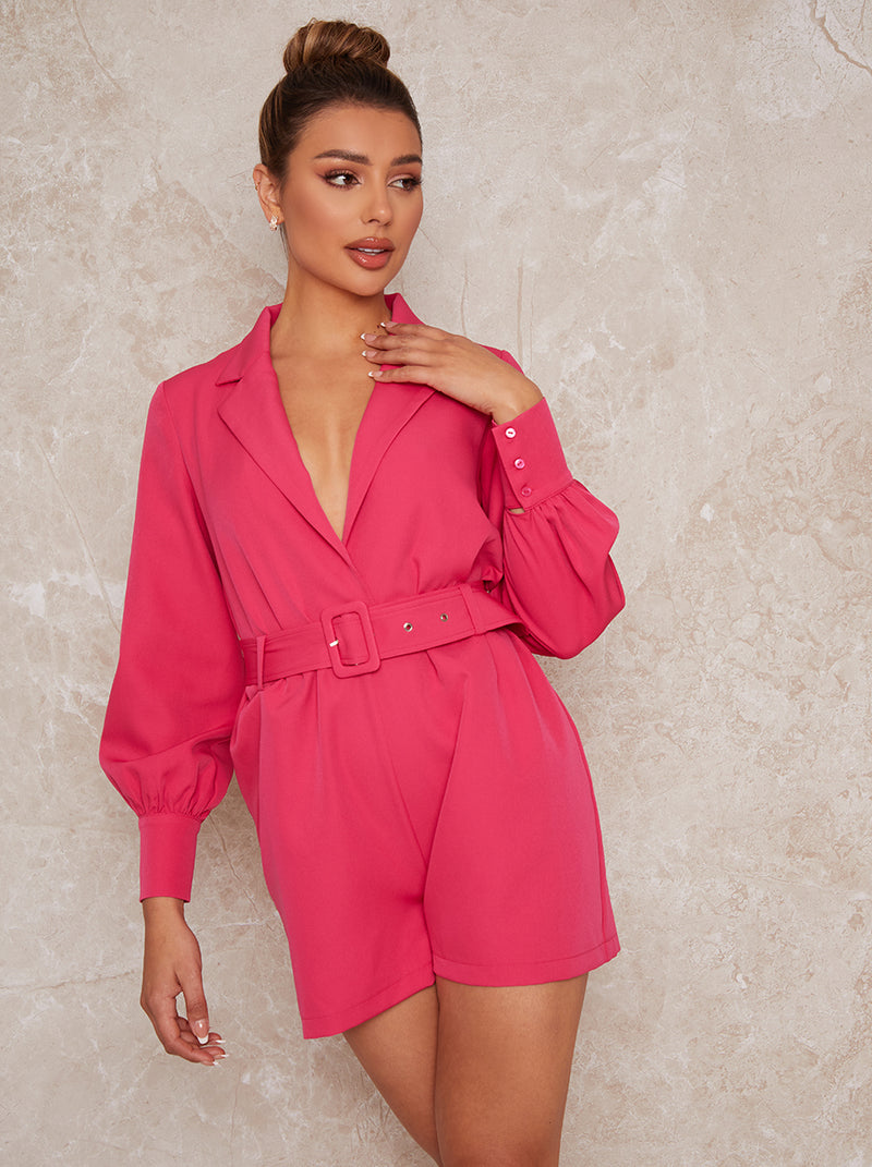 Tailored Long Sleeve Playsuit with Belt in Pink
