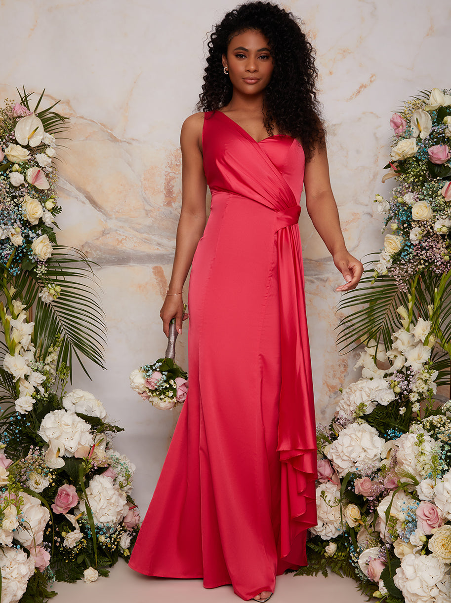 One Shoulder Satin Finish Maxi Dress in PInk – Chi Chi London