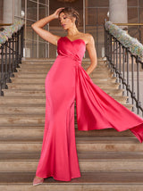 Petite One Shoulder Satin Finish Maxi Dress in Pink