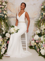 Petite Sleeveless Plunge Embellished Wedding Dress in White