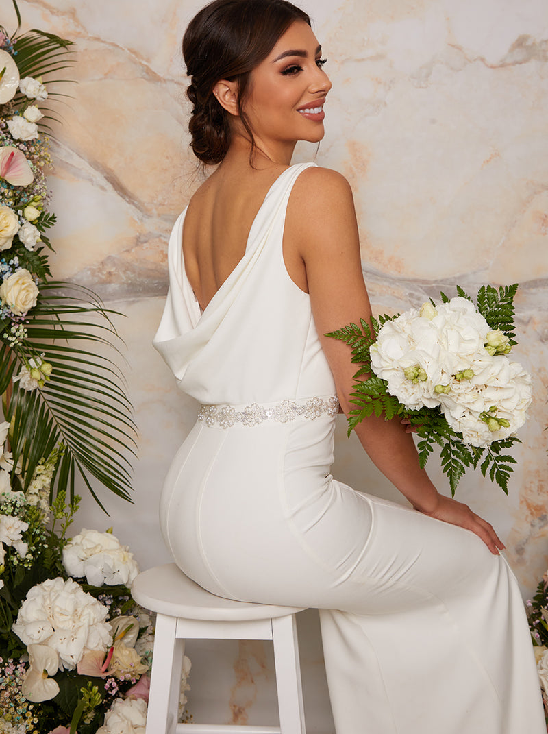 Cowl Back Wedding Dress with Embellishment in White – Chi Chi London