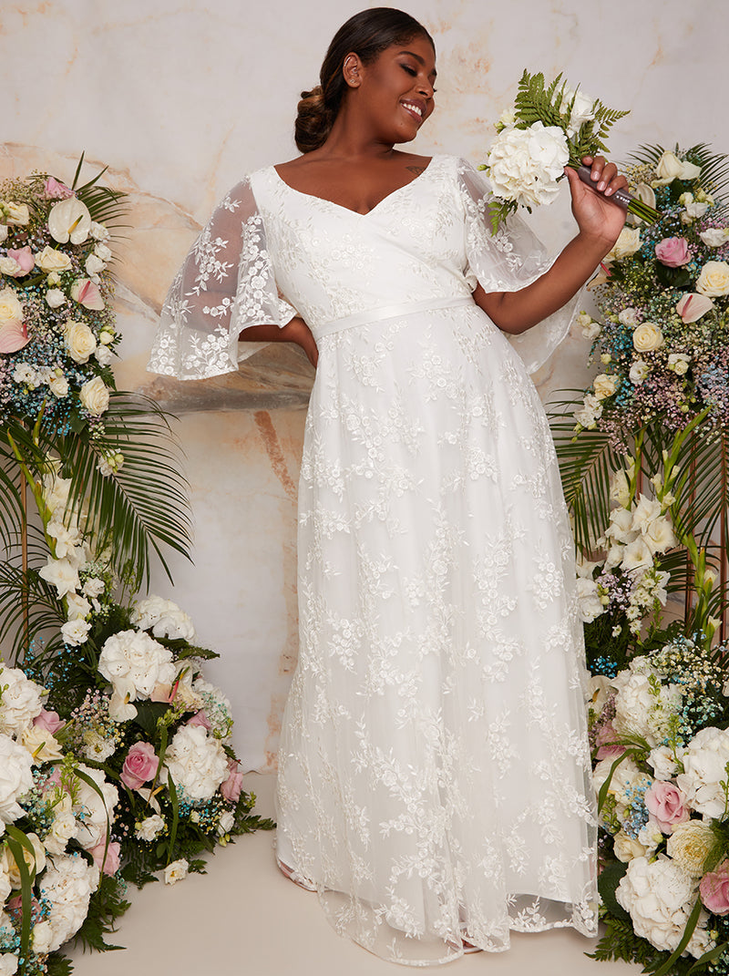 Plus Size Flutter Sleeve Backless Lace Bridal Wedding Dress in White