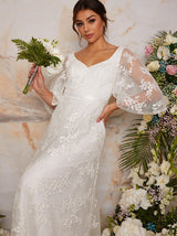 Flutter Sleeve Backless Lace Wedding Dress in White