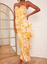 Floral Print Corset Detail Bodycon Maxi Dress in Cream