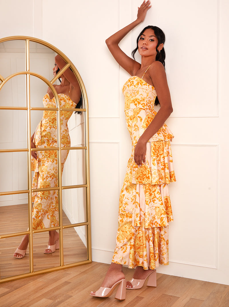 Floral Print Corset Detail Bodycon Maxi Dress in Cream – Chi Chi London