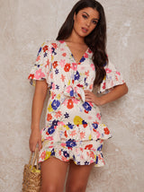 Floral Print Tie Front Mini Dress with Ruffles in Multi
