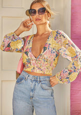 V Neck Long Sleeve Floral Top in Yellow