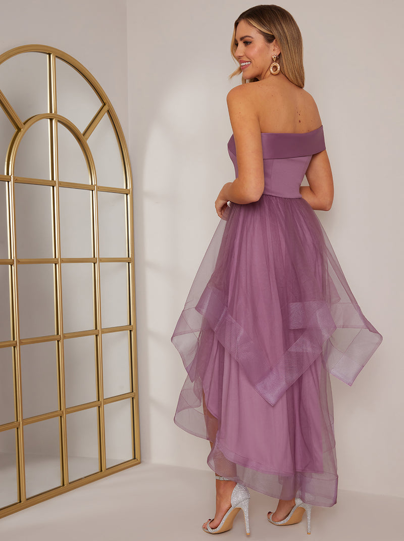 One Shoulder Mesh Skirt Dip Hem Dress in Purple