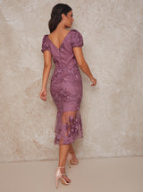 Embroidered Short Sleeve Midi Dress in Purple
